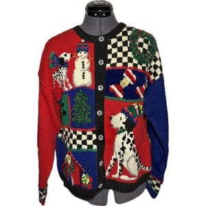 Vtg 90s Dog Christmas Sweater Marisa Christina Dalmation Cardigan Knit B41" L